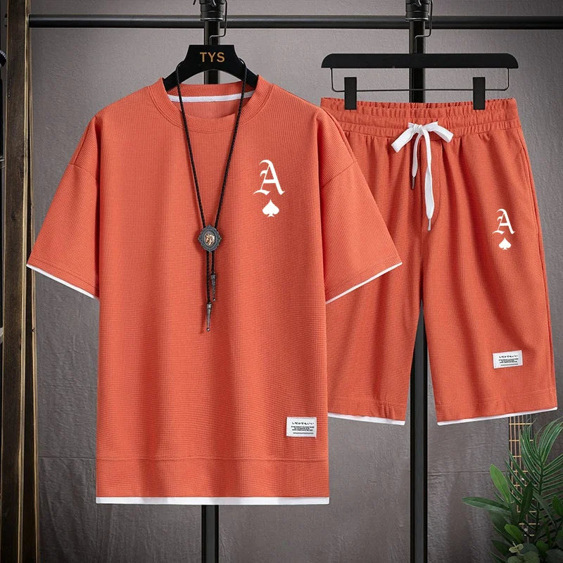 Fashionable casual men's sports suit short-sleeved T-shirt and outdoor summer sports shorts two-piece set daily casual
