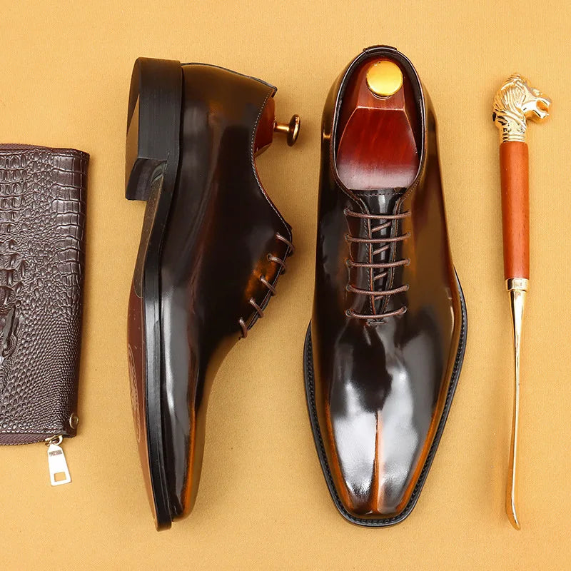 Genuine Leather Shoes for Men Dress British Business Party Lace Up Black Square Toe Fashion Casual Formal Suit Handmade Men Shoe
