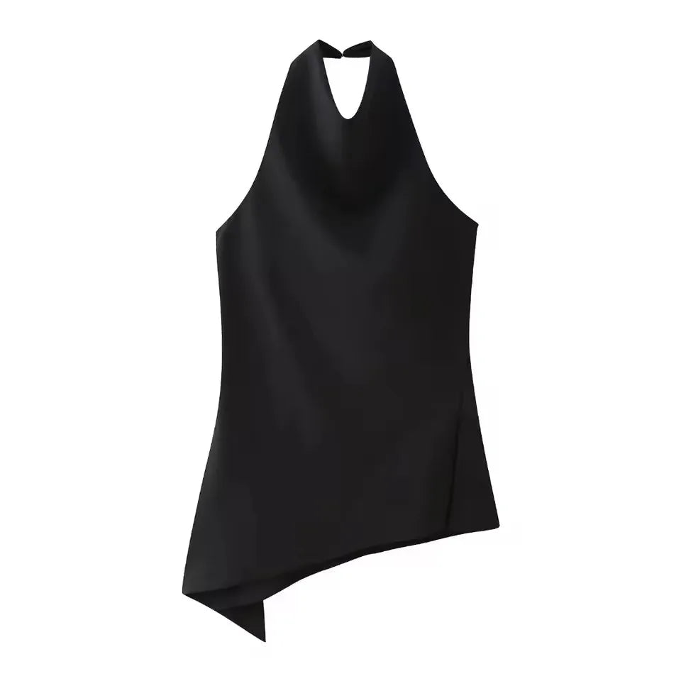 Womens Satin Halter Neck Top Asymmetrical Hem Sleeveless Blouse Elegant Party Club Summer Streetwear Crop Top