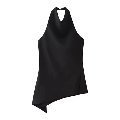Womens Satin Halter Neck Top Asymmetrical Hem Sleeveless Blouse Elegant Party Club Summer Streetwear Crop Top