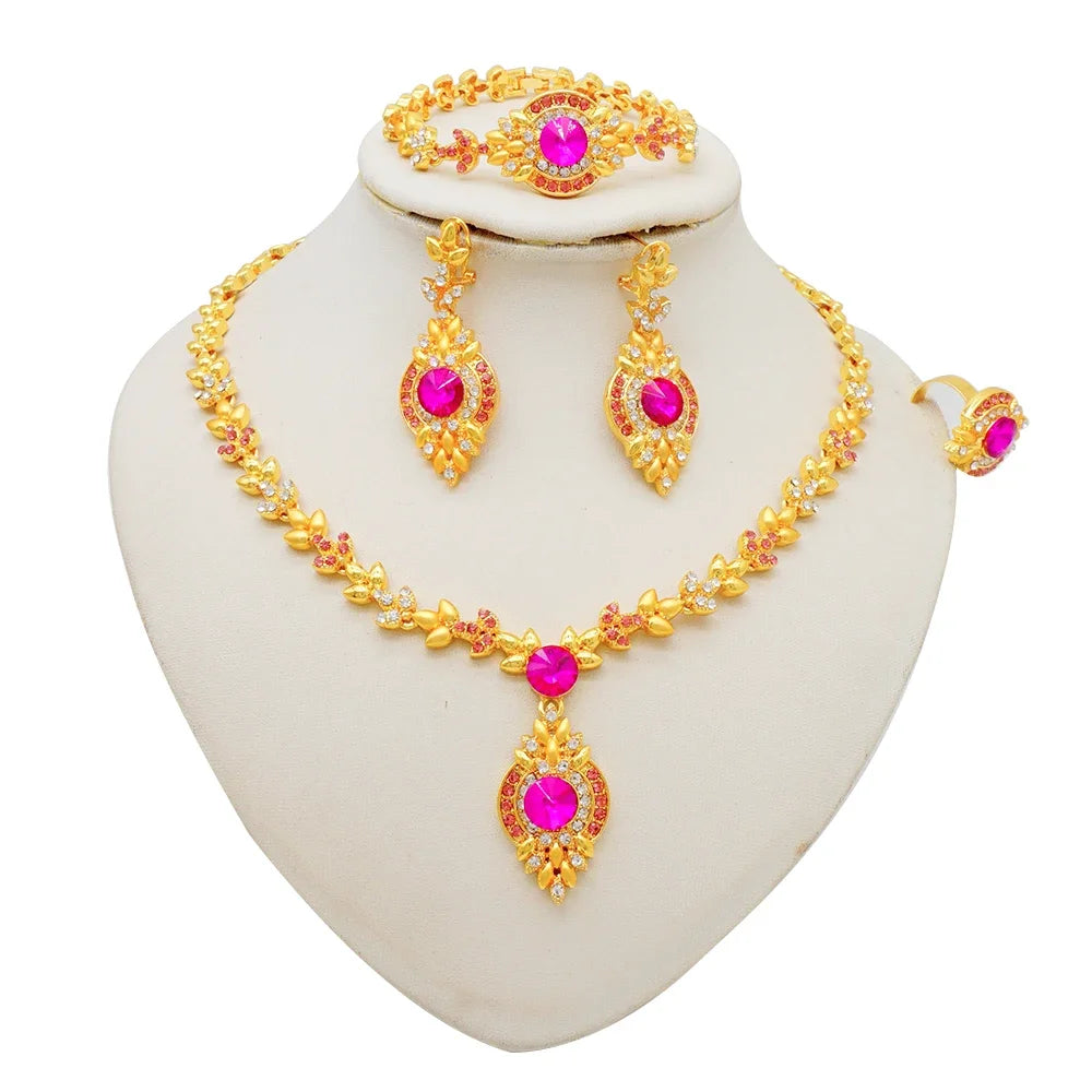 Women Gold Color Jewelry Sets Blue Pendant Necklace Earrings Bracelet Ring Sets Party Gifts