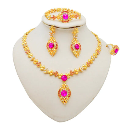 Women Gold Color Jewelry Sets Blue Pendant Necklace Earrings Bracelet Ring Sets Party Gifts