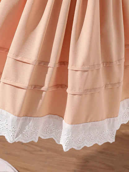 Little Girl's Romantic and Elegant Ladylike Apricot Princess-Style Dress, Decorated with Bows, Stylish Puff Sleeves, Suitable for Birthday Parties, Holiday Events, and Photography. Suitable for Little Girls Aged 4-7, f