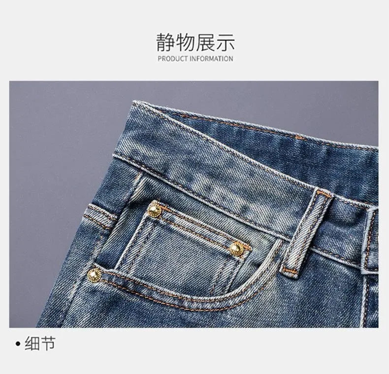 Calça Jeans Masculina Reta Vintage Americana Estampada Tendência Primavera Outono Nova Moda Calça Jeans Stretch Esportiva Casual 28-36