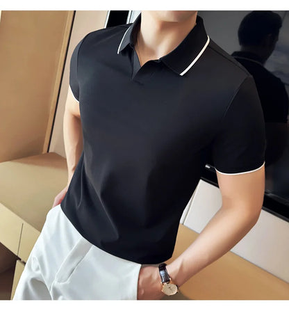 Business Casual Solid Color Men's Polo Shirt, 2024 Summer Classic, Men Short Sleeve V-neck T-shirt, Slim Fit Spliced Polo 4XL-M