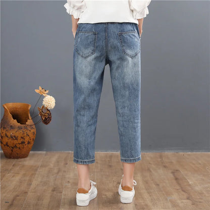 Summer Fashion Ladies Vintage Embroidery Jeans Women Casual Floral Denim Trousers Ripped Harem Pantalons