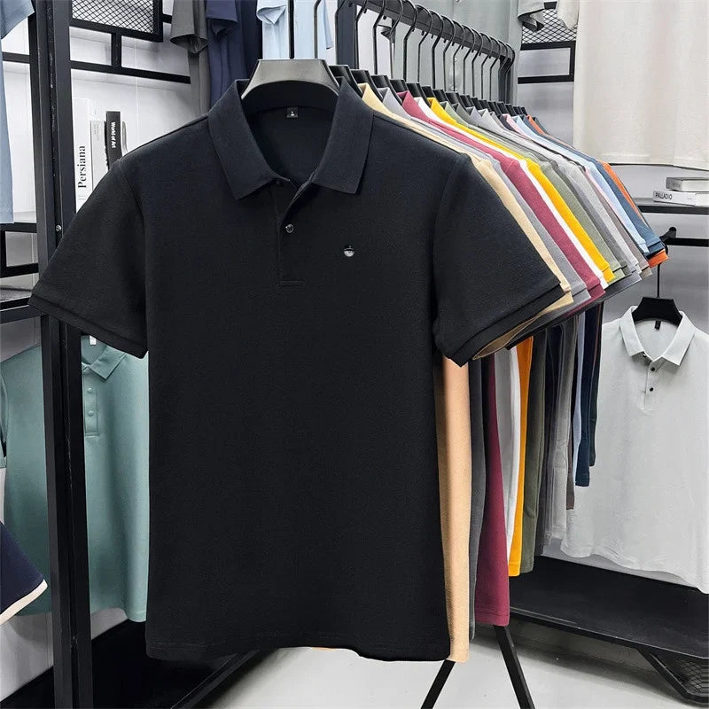 Men's Cotton100% High End Brand Lapel Polo Shirt Summer New Solid Color Print Short Sleeve T-Shirt Casual Breathe Men's Clothing
