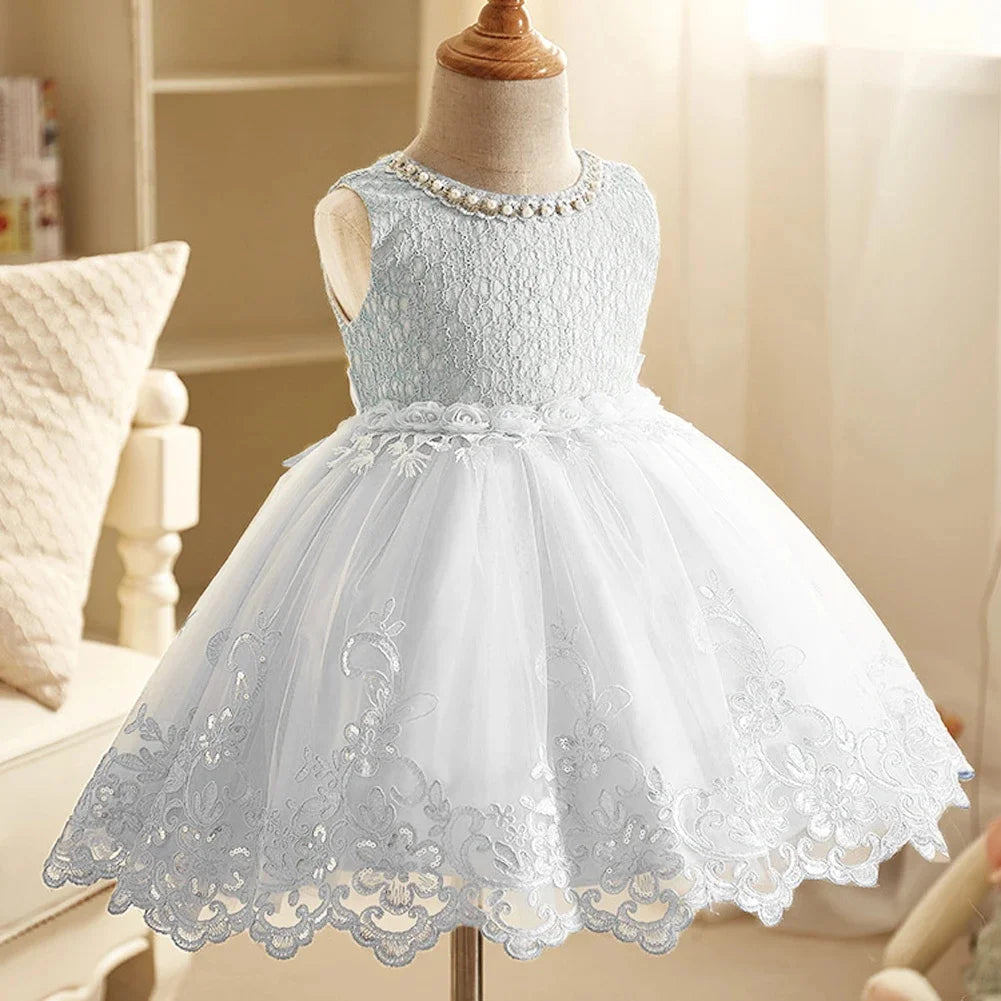 Baby Lace Wedding Dress Flower Girl Sleeveless Pearl Princess Dresses Infant 1st Birthday Party Costume Summer Kids Formal Gown