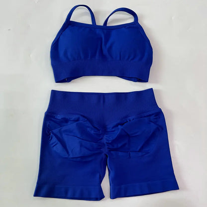 No Logo Women 2 Pieces Yoga Set Cross Straps Bra Beautiful Back Tops High Waist Sport Short Scrunch Bum Workout Short Gym Suit
