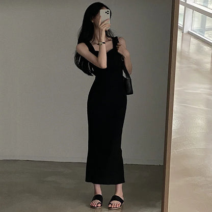 Basic Knit Long Dress Korean Fashion Square Collar Sleeveless Women's Dresses Summer Casual Y2k Vintage All-match Outftis