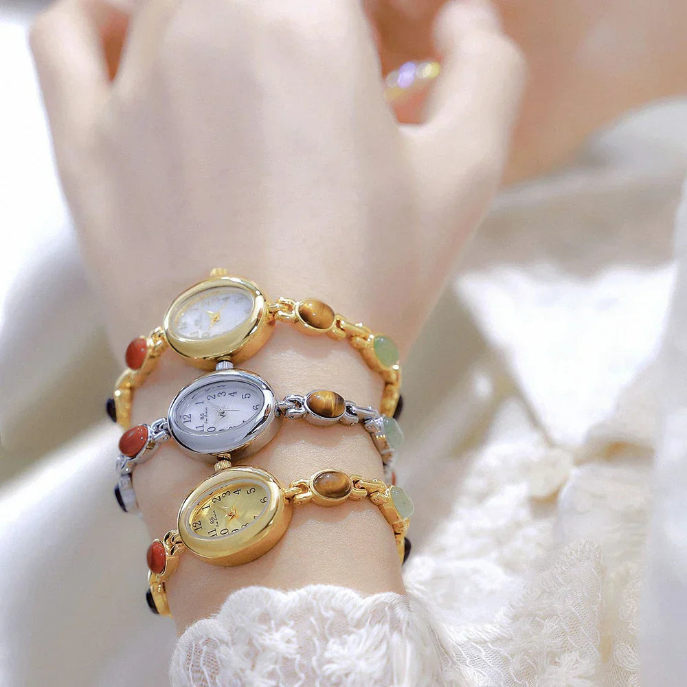 Women's watch Vintage Natural Colorful Jade Bracelet Wristwatches Clock,Luxury Elegant Small Oval Dial Quartz Watch Waterproof