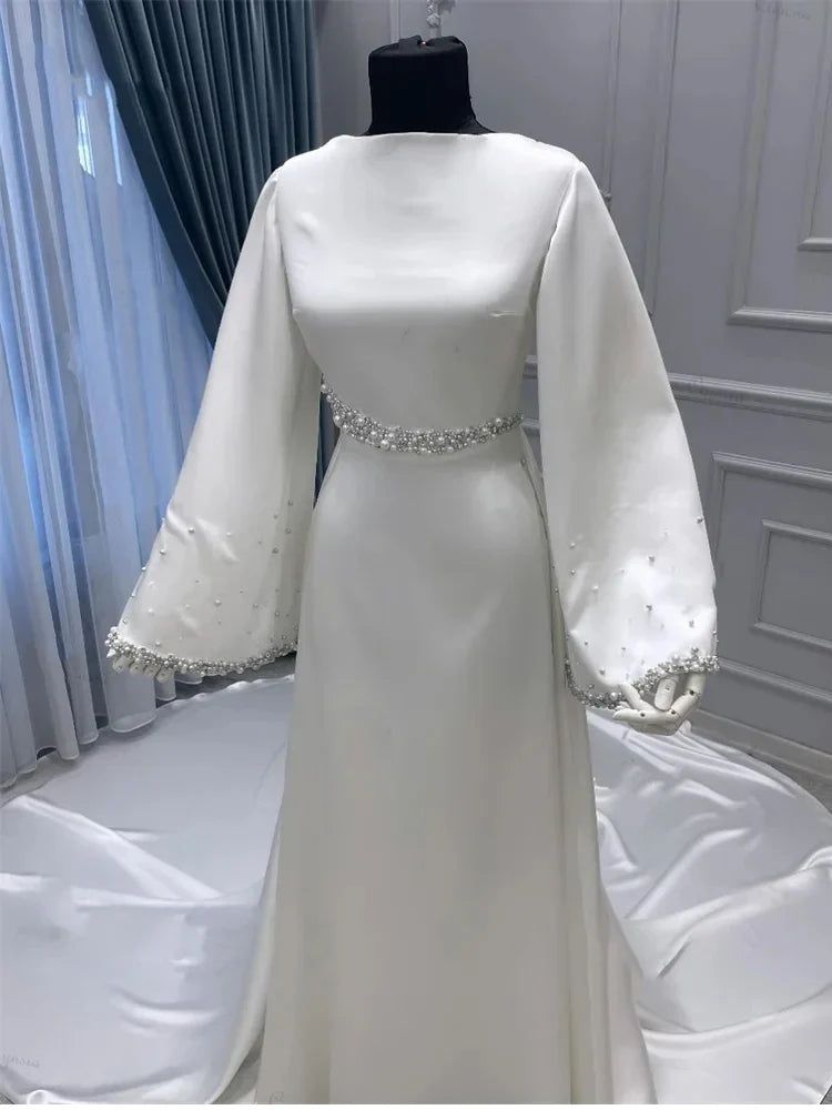 Customized Elegant Muslim Wedding Dress Bride Beaded Pearls Ivory Bridal Gowns High Neck Robe Simple High Quality Prom Dresses