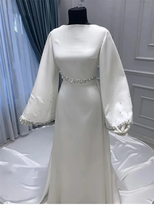 Customized Elegant Muslim Wedding Dress Bride Beaded Pearls Ivory Bridal Gowns High Neck Robe Simple High Quality Prom Dresses