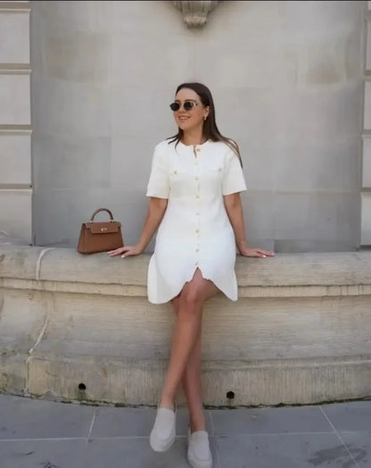 Elegant Knit Mini Dress Women Street Slim High Waist Short Sleeve Rib Sweater Dresses Vacation Bodycon Knitwear Dress