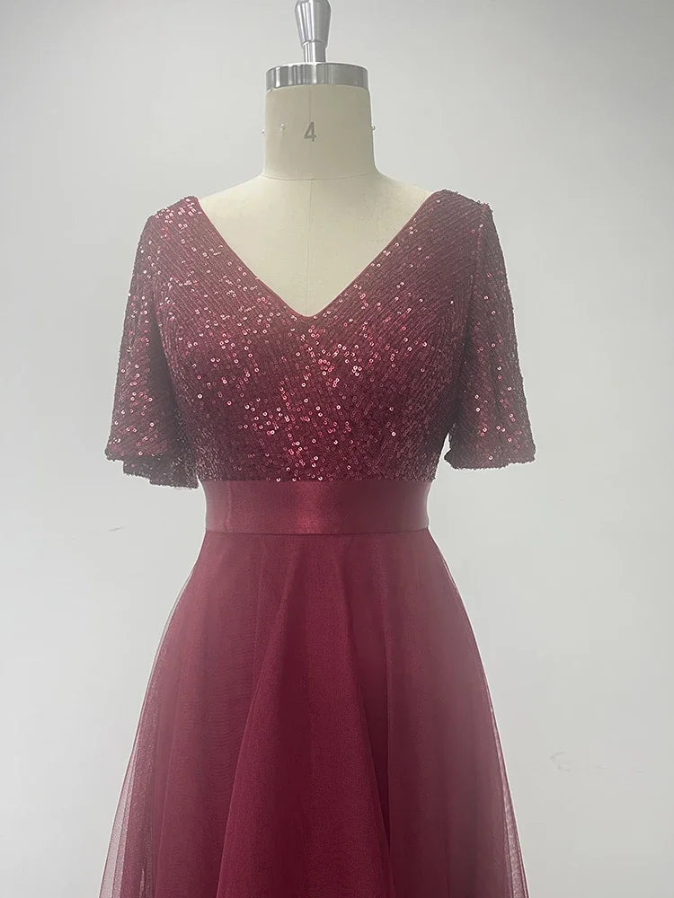 Vestido de Gala Elegante Feminino com Decote em V, Babados, Manga Curta, Evasê, Gaze Fofa e Bainha Irregular