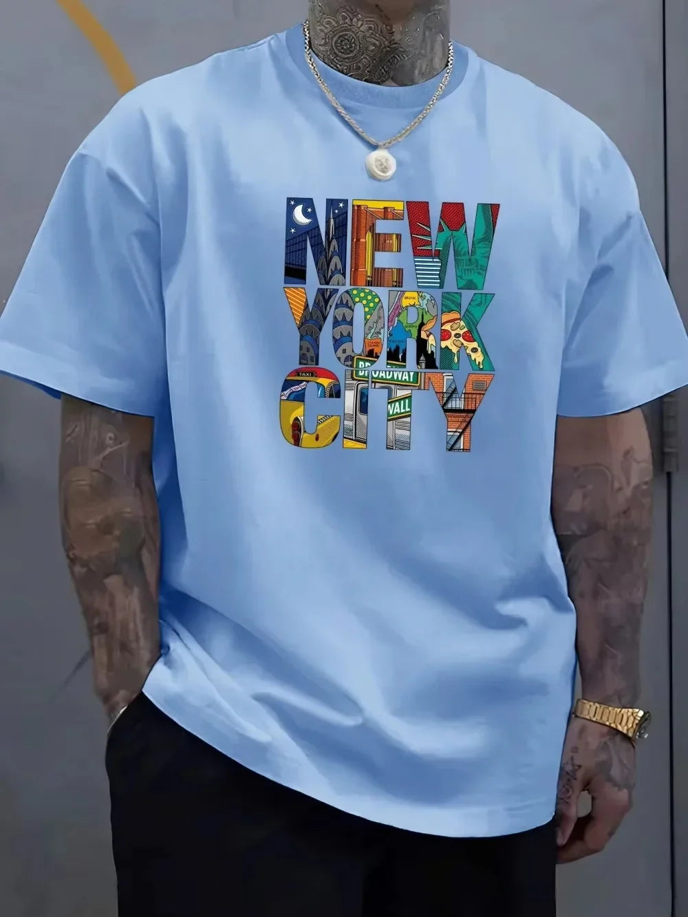 European and American men's summer personalized New York letter print soft and breathable round neck T-shirt outdoor casual top