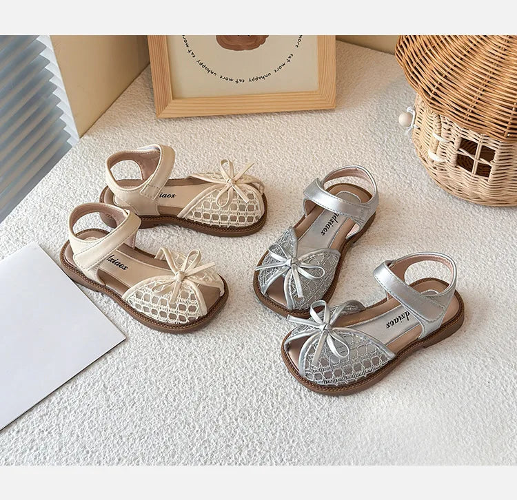 New Summer Girls Sandals Princess Beach Shoes Braided Peep-toe Kids Sandals Butterfly-knot Sweet Soft Breathable Footwear I10317