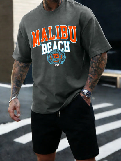 Malibu Beach 73 Usa Printing T-Shirt Mens Cotton T Shirts O-Neck Summer Basics Clothes Casual Trendy All-Match Short Sleeve