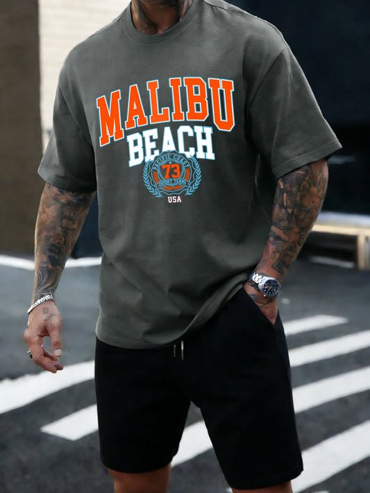 Malibu Beach 73 Usa Printing T-Shirt Mens Cotton T Shirts O-Neck Summer Basics Clothes Casual Trendy All-Match Short Sleeve