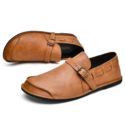 Sapatos Masculinos de Couro com Bico Largo e Sem Cadarço, Flats Casuais Minimalistas Antiderrapantes Primavera Verão Outono