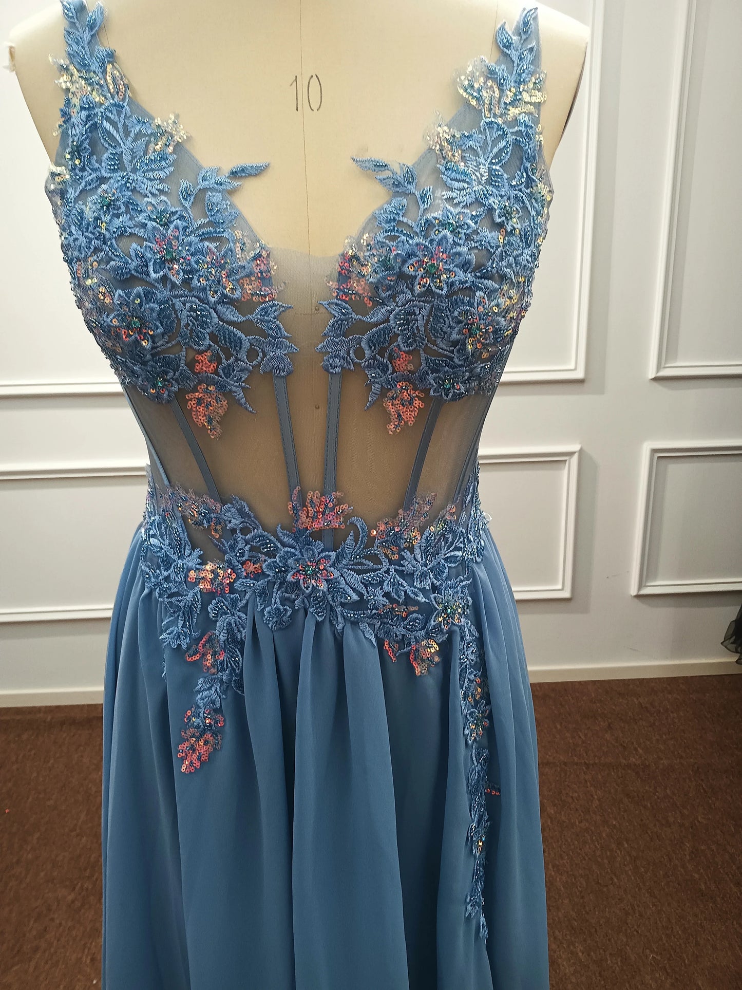 Real Photos Delicate Multi Color Prom Dress V Neck Beaded Appliques Illusion Spaghetti Strap Evening Gowns Lightning Delivery