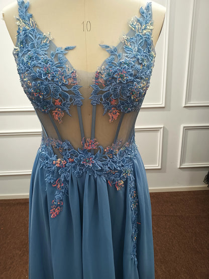 Real Photos Delicate Multi Color Prom Dress V Neck Beaded Appliques Illusion Spaghetti Strap Evening Gowns Lightning Delivery