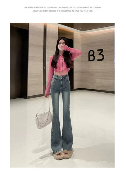 Autumn Winter American Sle High Waist Slim Fit Drapey Micro Flared Jeans Women's Premium Denim Pants