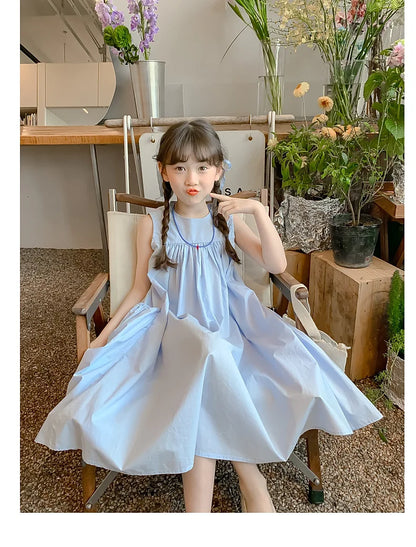 Summer Junior Girl Sleeveless Dress Solid Side Big Pockets Blue Ruched Dress For 2-10Y Girls Casual Round Collar Baby Girl Dress