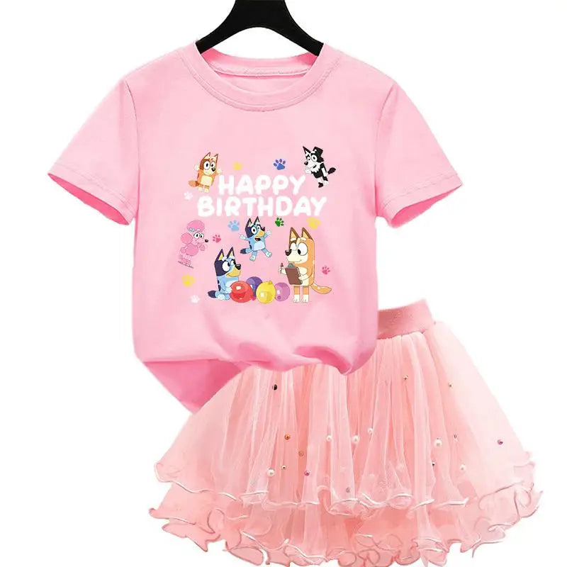 2Pcs/Set Girl Dress Kid Birthday Clothes Party Princess Dress Cartoon T-shirt+Tutu Skirt Summer Evening Christmas Gift
