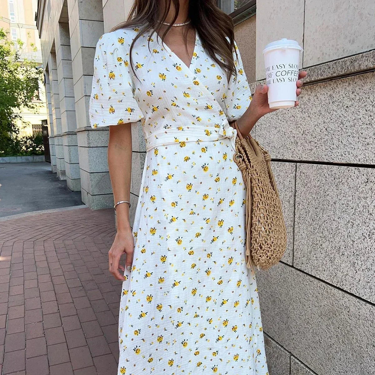 Summer Women Psrinted Dress Lace Up Short Sleeve Fashion Office Lady Long Dress 100% Cotton Daily Casual V-neck Skirt