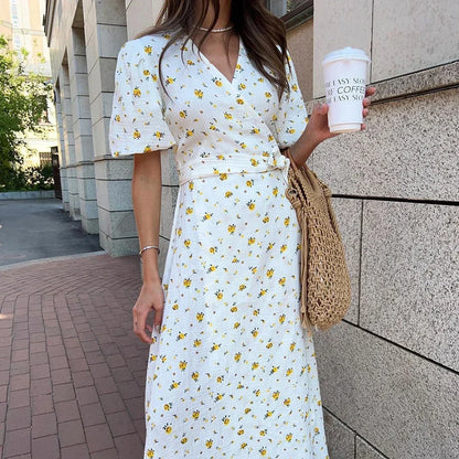 Summer Women Psrinted Dress Lace Up Short Sleeve Fashion Office Lady Long Dress 100% Cotton Daily Casual V-neck Skirt