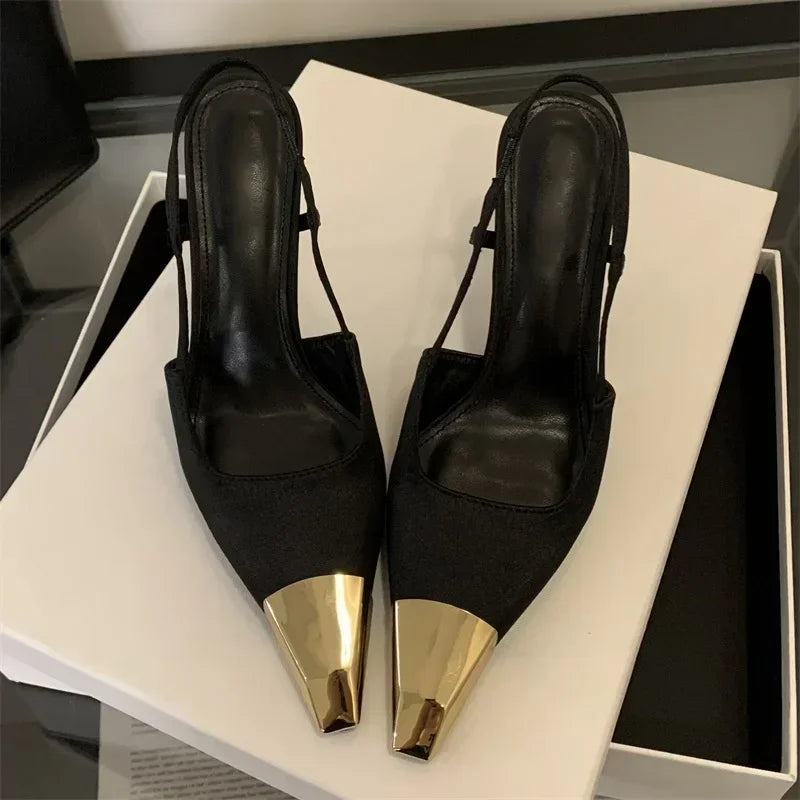 Street Style Sexy Pointed Toe Slingbacks Pumps Women Stripper Sandals High Heels Female Banquet Shoes Brown Kitten Heels