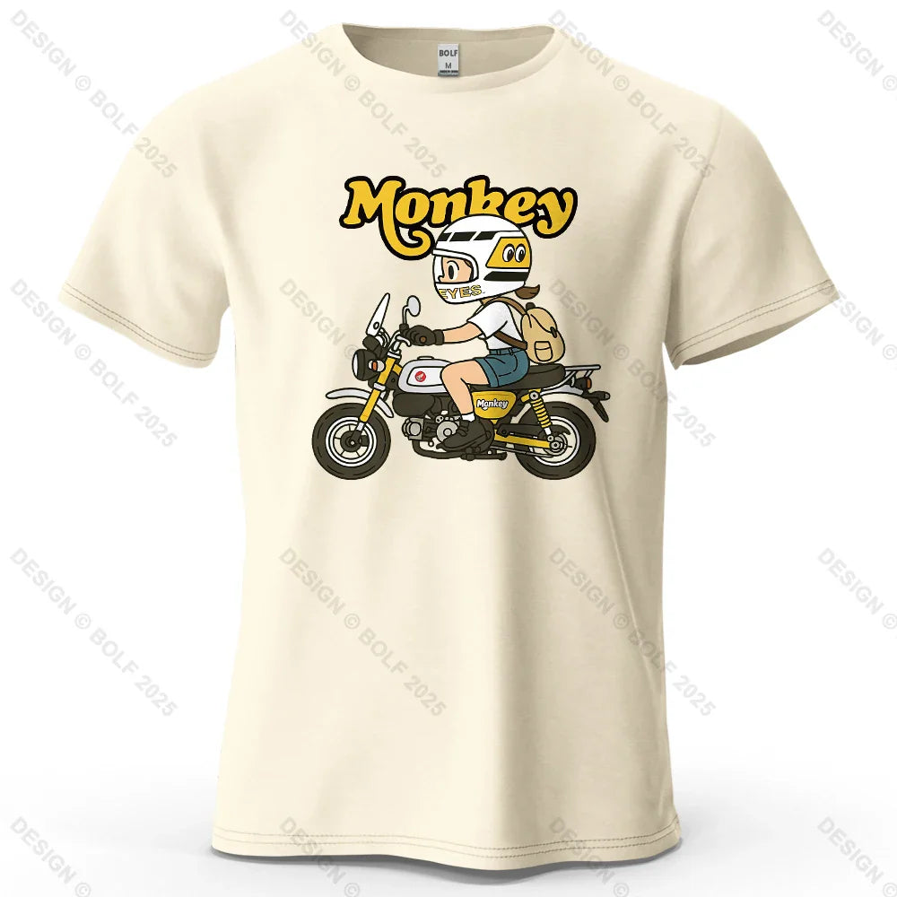 Men's Monkey Motorcycle Graphic Short Sleeve T-Shirt 100% Cotton Cartoon Printed Tops Tee for Women Summer Casual Sportswear