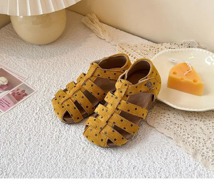 All Over Print Polka Dot Children Sandals for Girls Suede Leather Summer Students Holiday Shoes Girl Daily Shoes Cut-outs I05103