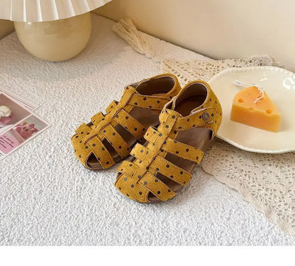All Over Print Polka Dot Children Sandals for Girls Suede Leather Summer Students Holiday Shoes Girl Daily Shoes Cut-outs I05103