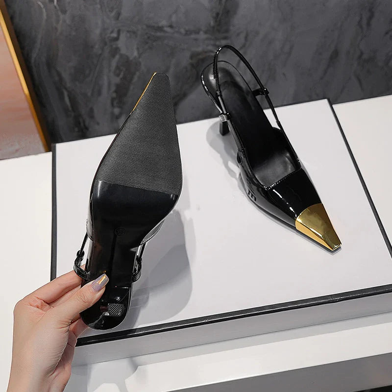 New Summer Women's High-heeled Sandals Gold Iron Head Patent Leather Black Stiletto Square Head Closed Toe Sling Back Shoes