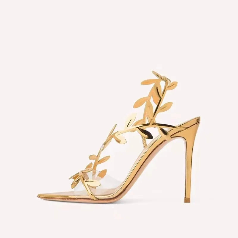 Star style Summer Fashion Sequined Patent Leather Leaf Women Sandals Elegant pointed toe Stiletto High heels Prom Dresses Shoes
