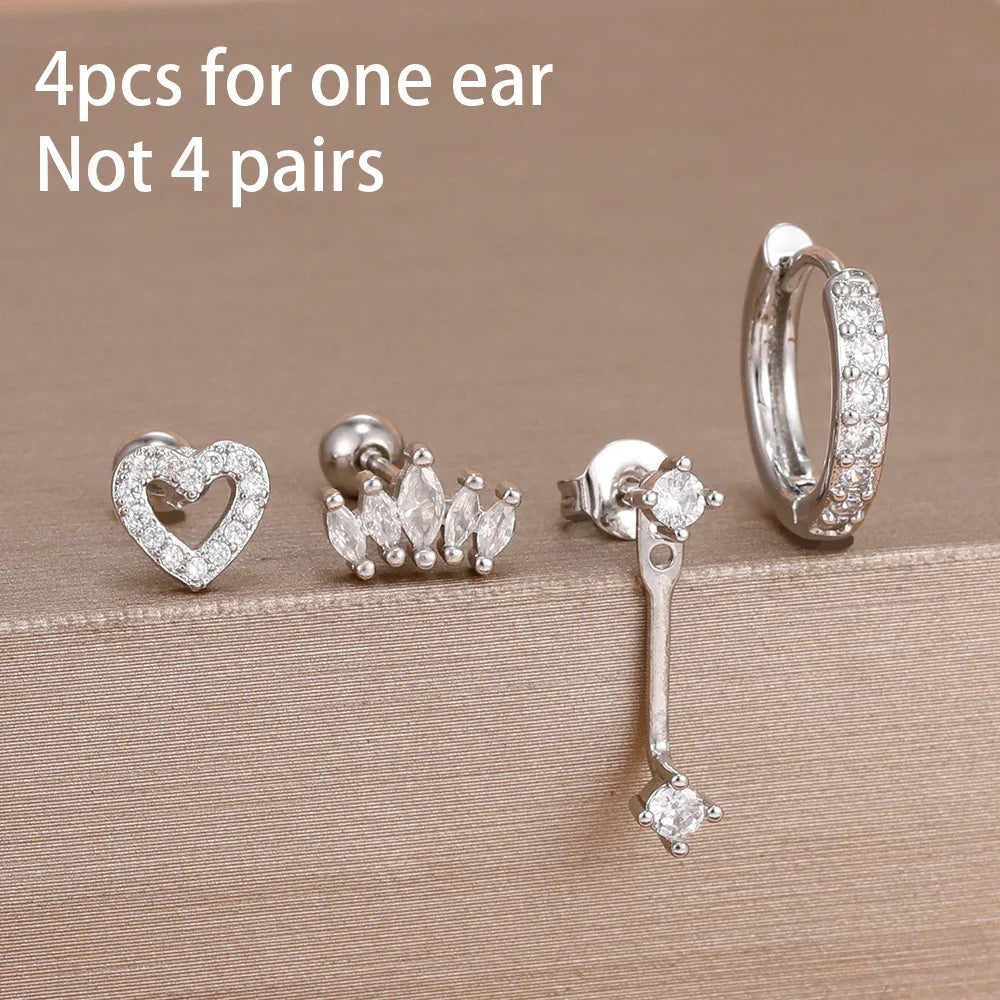 4PCS Stainless Steel Circle Huggie Hoop Earrings Set for Women Gold Color Unique Zircon Flower Stud Earring Piercing Jewelry