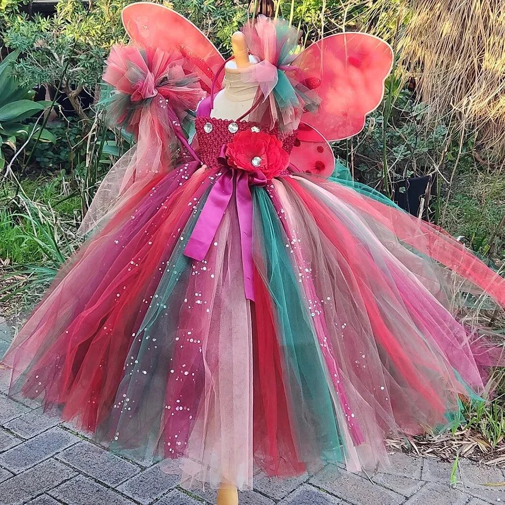 Girls Red Glitter Flower Tutu Dress Kids Glitter Tulle Dress Ball Gown with Wing Children Birthday Party Costume Dresses