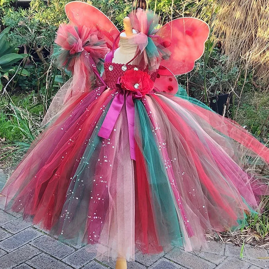 Girls Red Glitter Flower Tutu Dress Kids Glitter Tulle Dress Ball Gown with Wing Children Birthday Party Costume Dresses