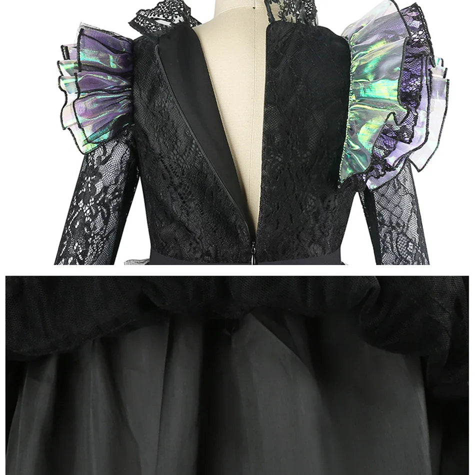 Halloween Witch Elphaba Costume Kids Purim Fantasy Outfits Girls Fancy Sets Children Long Sleeve Lace Ruffles Black Party Gown