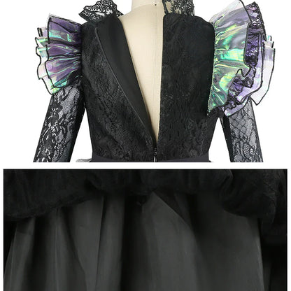 Halloween Witch Elphaba Costume Kids Purim Fantasy Outfits Girls Fancy Sets Children Long Sleeve Lace Ruffles Black Party Gown