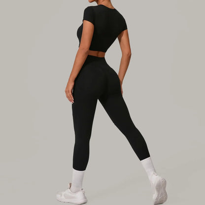 Gym Workout Yoga Fitness Sports Suit Short-sleeved Top Padded-free High-waisted Hip-lifting Trousers Outdoors Leisure Sportswear