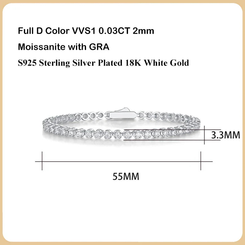 Sparkling Full 0.03ct 2mm D Color Moissanite Tennis Bracelet for Women Girl Fine Jewelry S925 Silver Diamond Link Bracelets