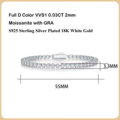 Sparkling Full 0.03ct 2mm D Color Moissanite Tennis Bracelet for Women Girl Fine Jewelry S925 Silver Diamond Link Bracelets