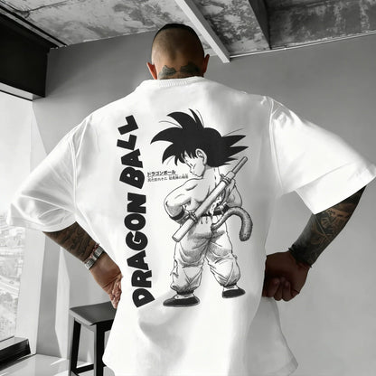 Oversized T-shirt High Quality 100% Cotton Kid Goku with Power Pole Line Art Print UnisexCasual Y2K