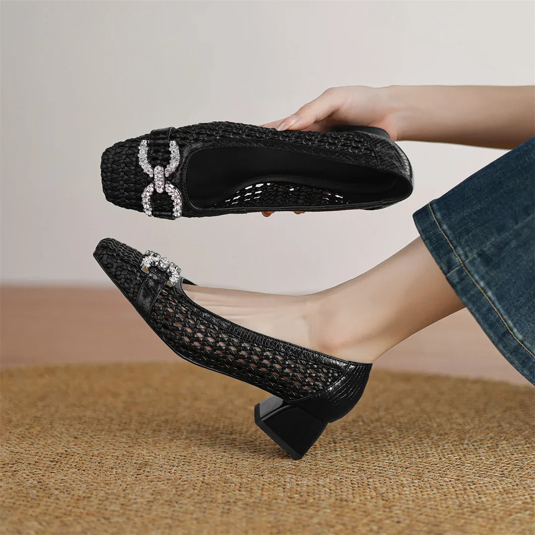 Women's genuine leather braided microfiber patchwork summer breathable pumps crystal buckle 4cm thick med heel daily dress shoes