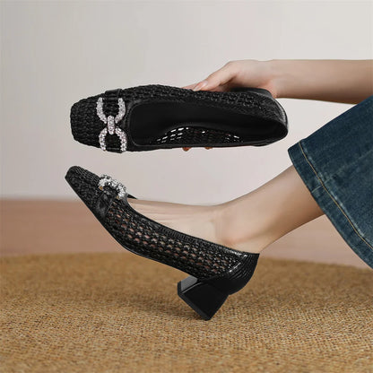 Women's genuine leather braided microfiber patchwork summer breathable pumps crystal buckle 4cm thick med heel daily dress shoes