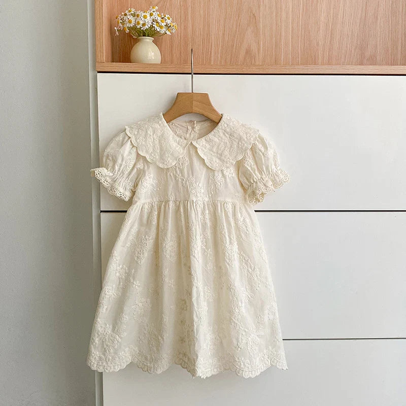 2026 Summer New Pure Cotton Embroidered Floral Short Sleeved Girl's Dress 2-6Yrs Versatile Adorable Korean Style Dress