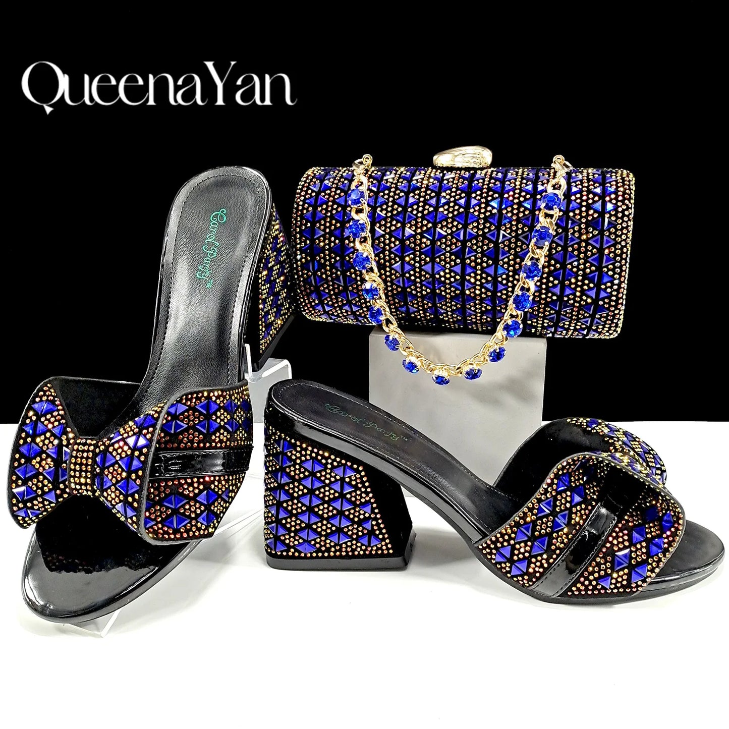 Italian Fashion Banquet Shoes and Bags African Women's Hand Bags with Rhinestone Decoration and Women's High Heels